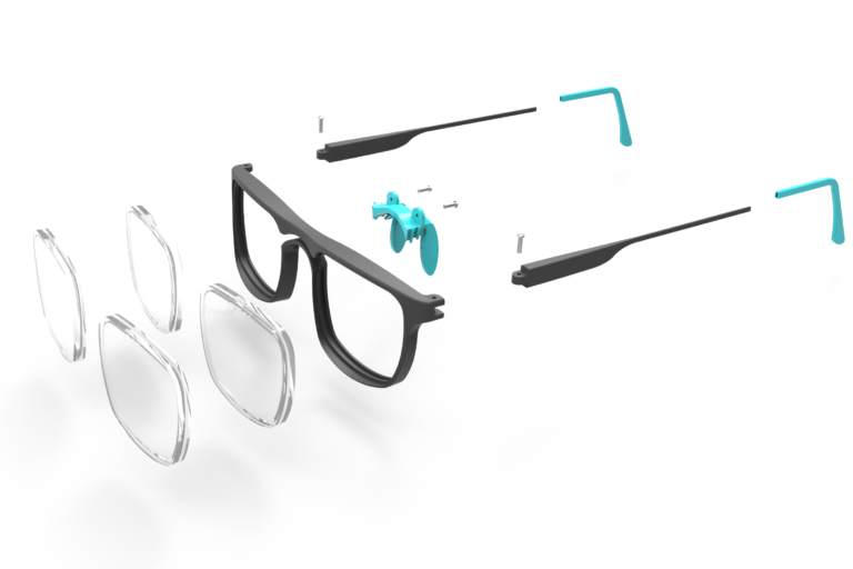 exploded view of vizi glasses with 4 lenses, frame, nosepiece, ear pieces, ear hooks and screws