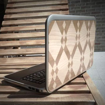 laptop cover made out of laminated wood mosaic